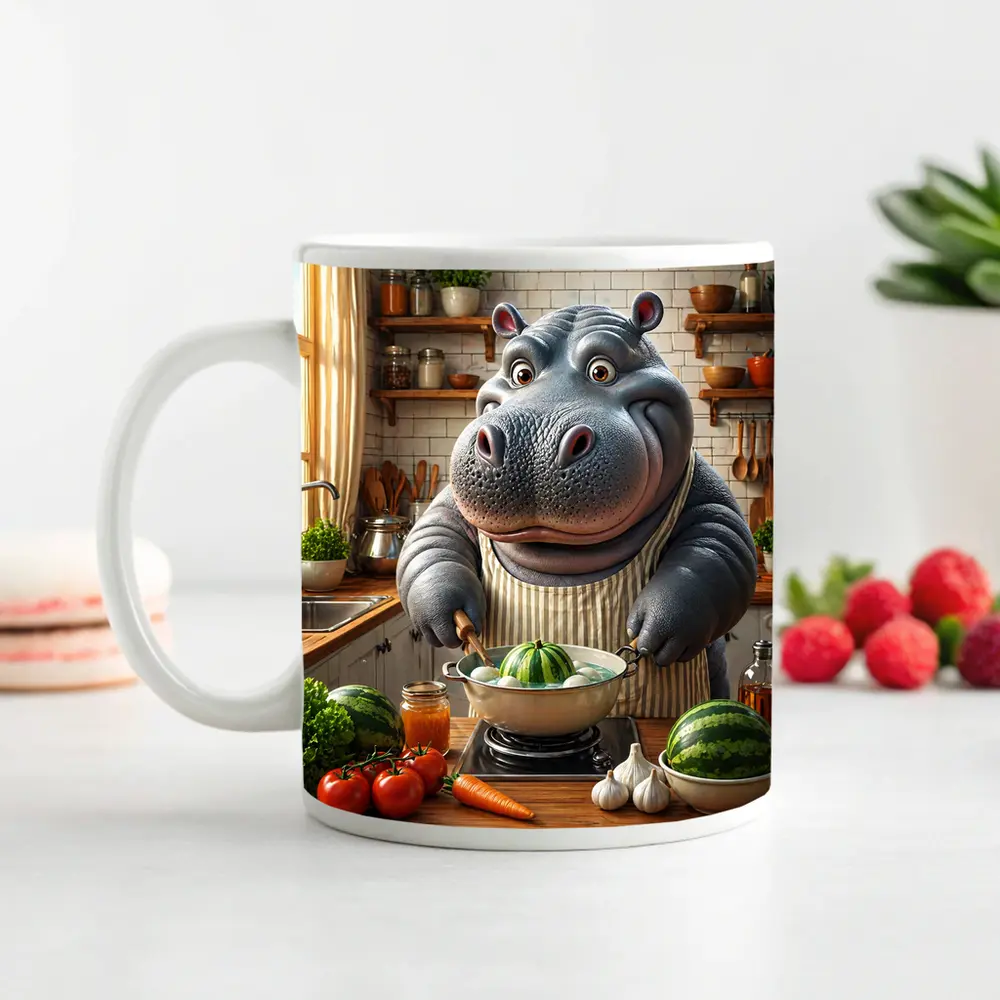Hippo Chef Cooking in Cozy Kitchen – Mugs