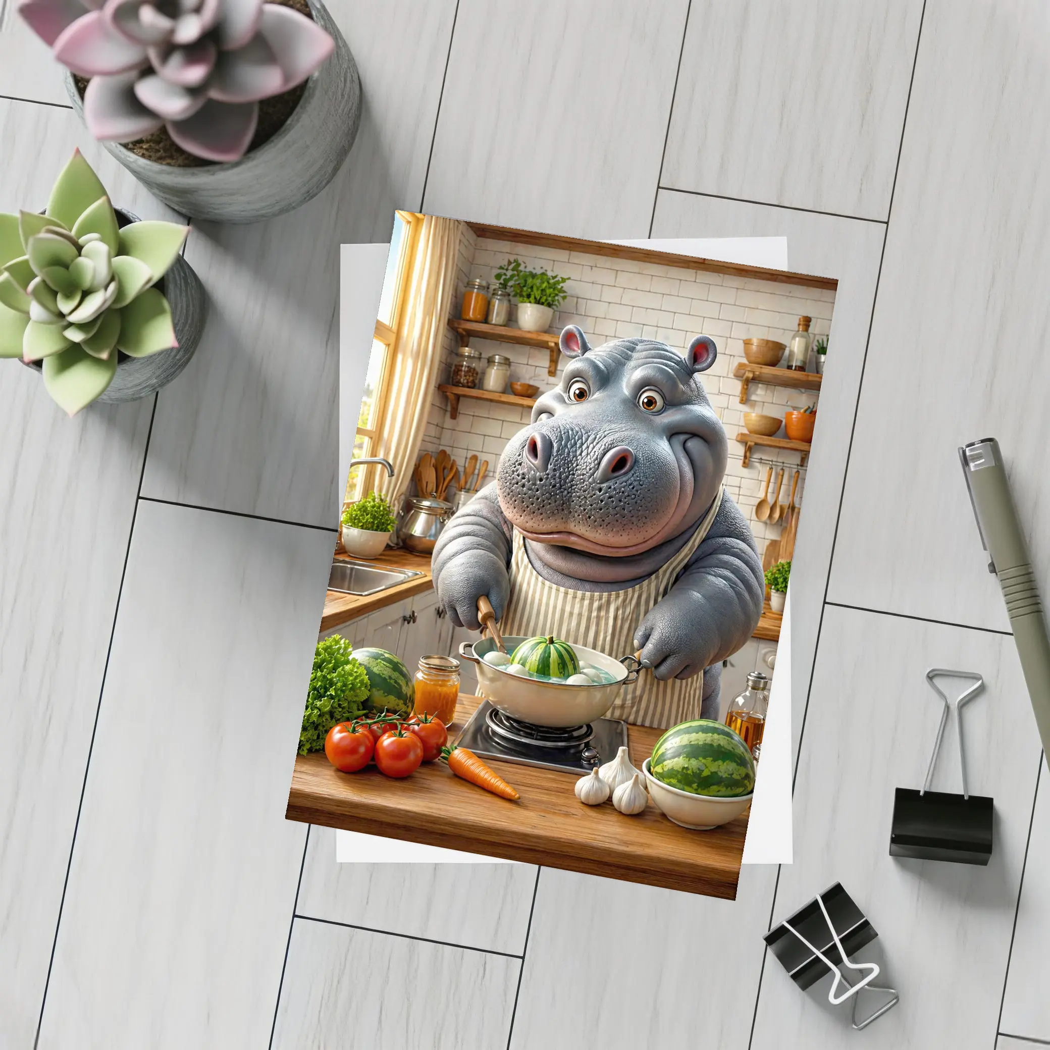 Hippo Chef Cooking in Cozy Kitchen – Postcards