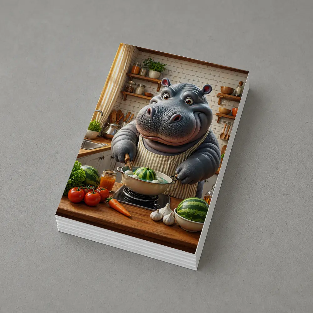 Hippo Chef Cooking in Cozy Kitchen – Postcards
