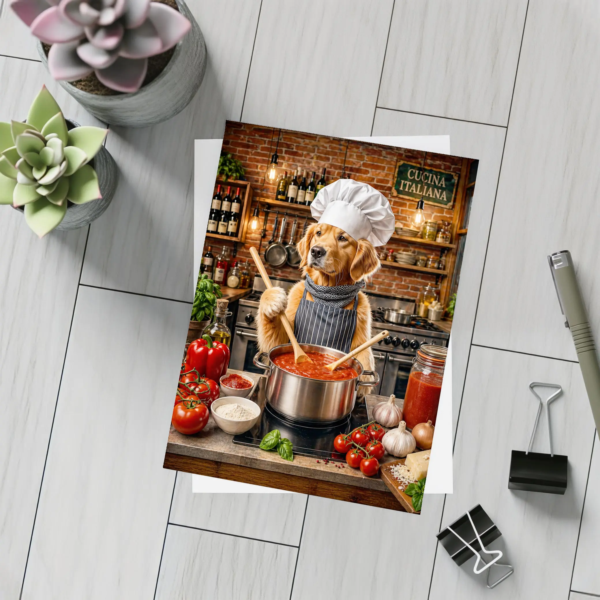 Golden Retriever Chef Cooking Italian Tomato Sauce – Postcards