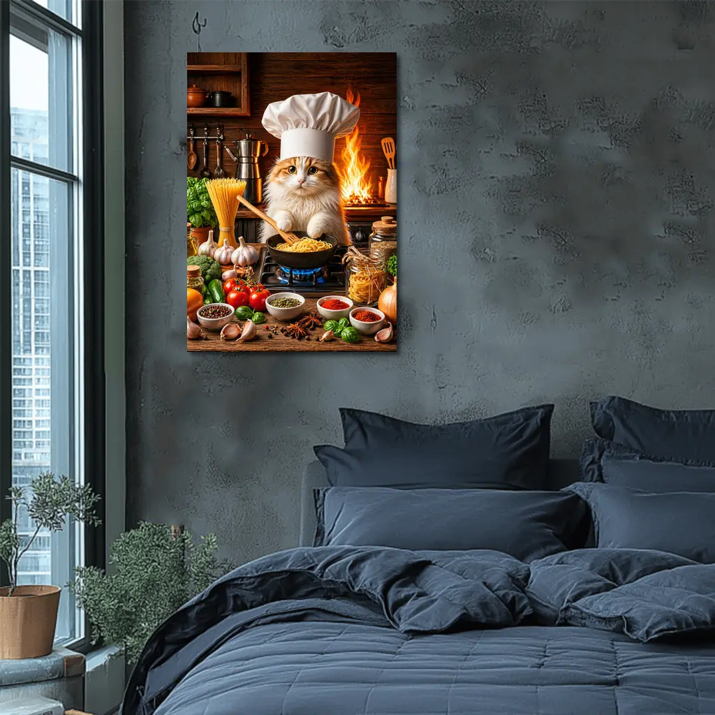 Chef Cat Cooking Pasta in Rustic Kitchen – Wall Art