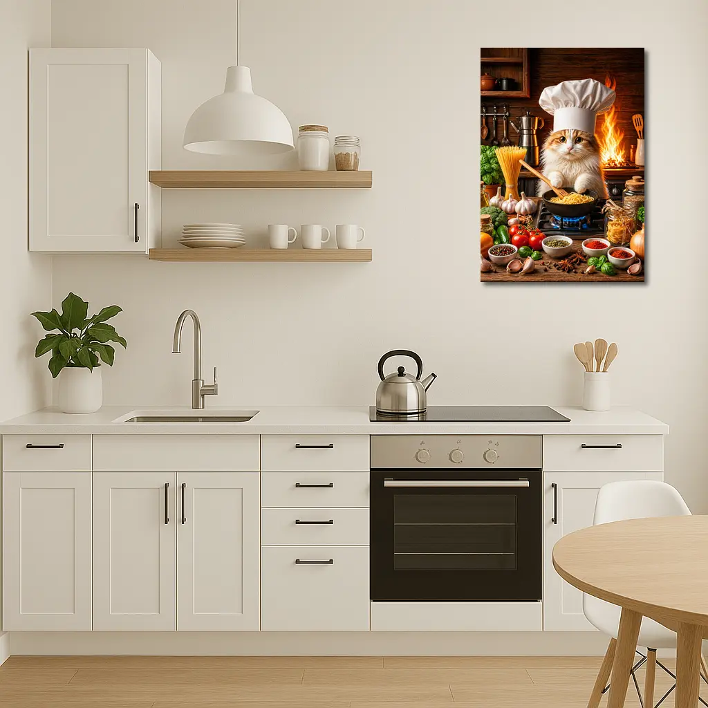 Chef Cat Cooking Pasta in Rustic Kitchen – Wall Art