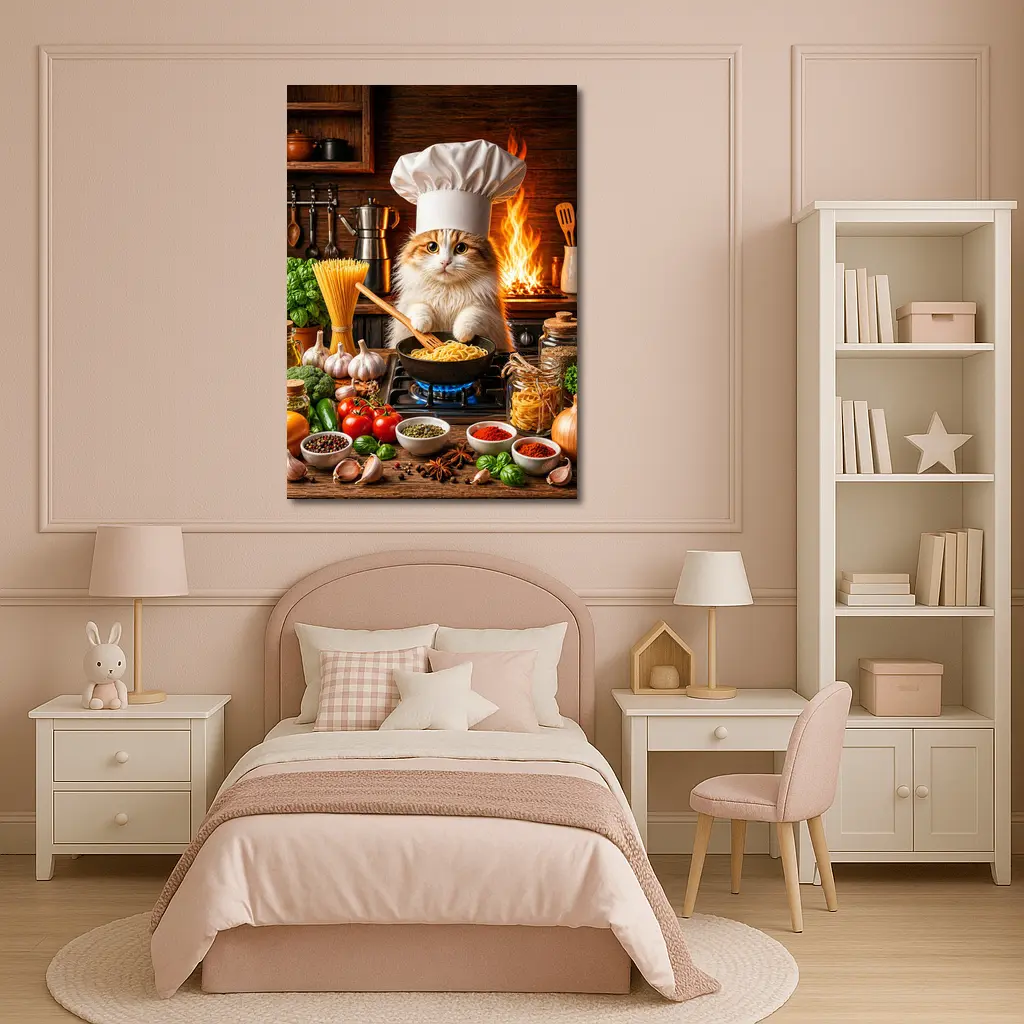 Chef Cat Cooking Pasta in Rustic Kitchen – Wall Art