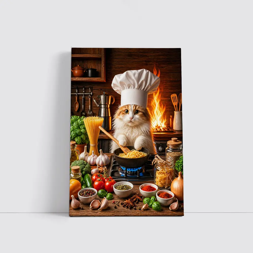 Chef Cat Cooking Pasta in Rustic Kitchen – Wall Art
