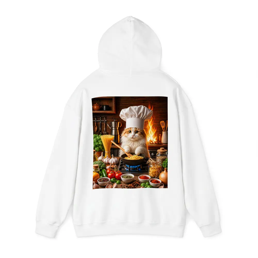 Chef Cat Cooking Pasta in Rustic Kitchen – Hoodies