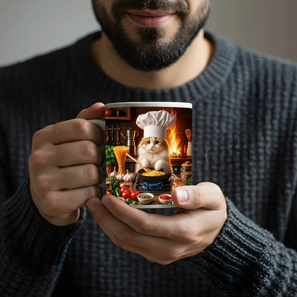 Chef Cat Cooking Pasta in Rustic Kitchen – Mugs
