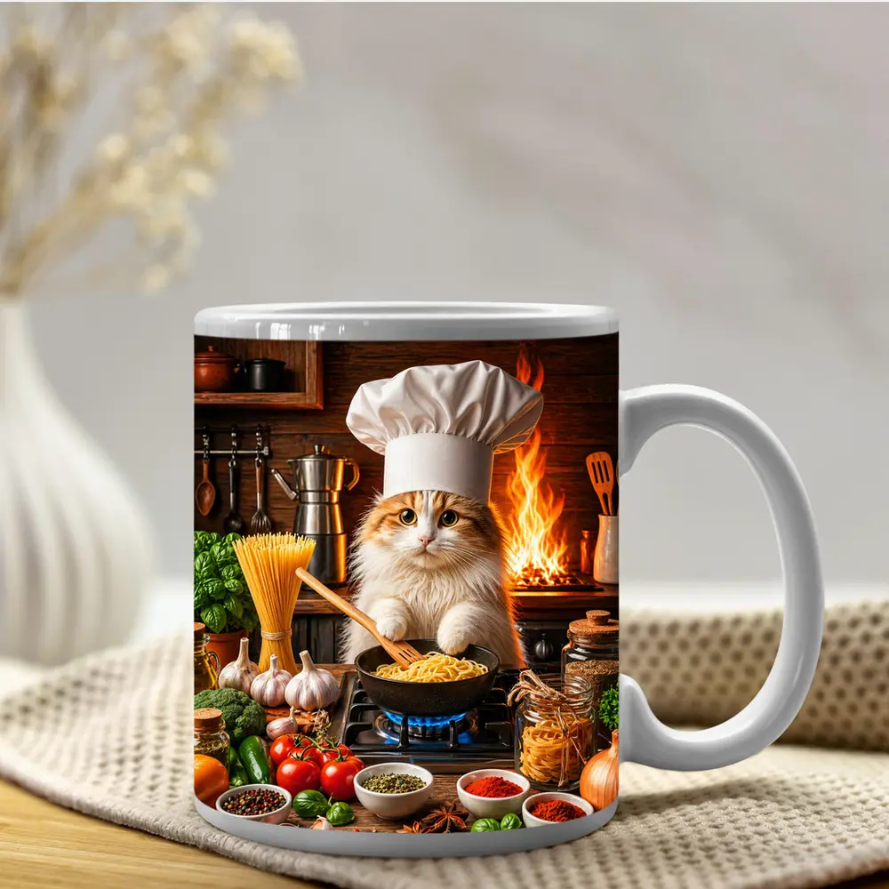 Chef Cat Cooking Pasta in Rustic Kitchen – Mugs