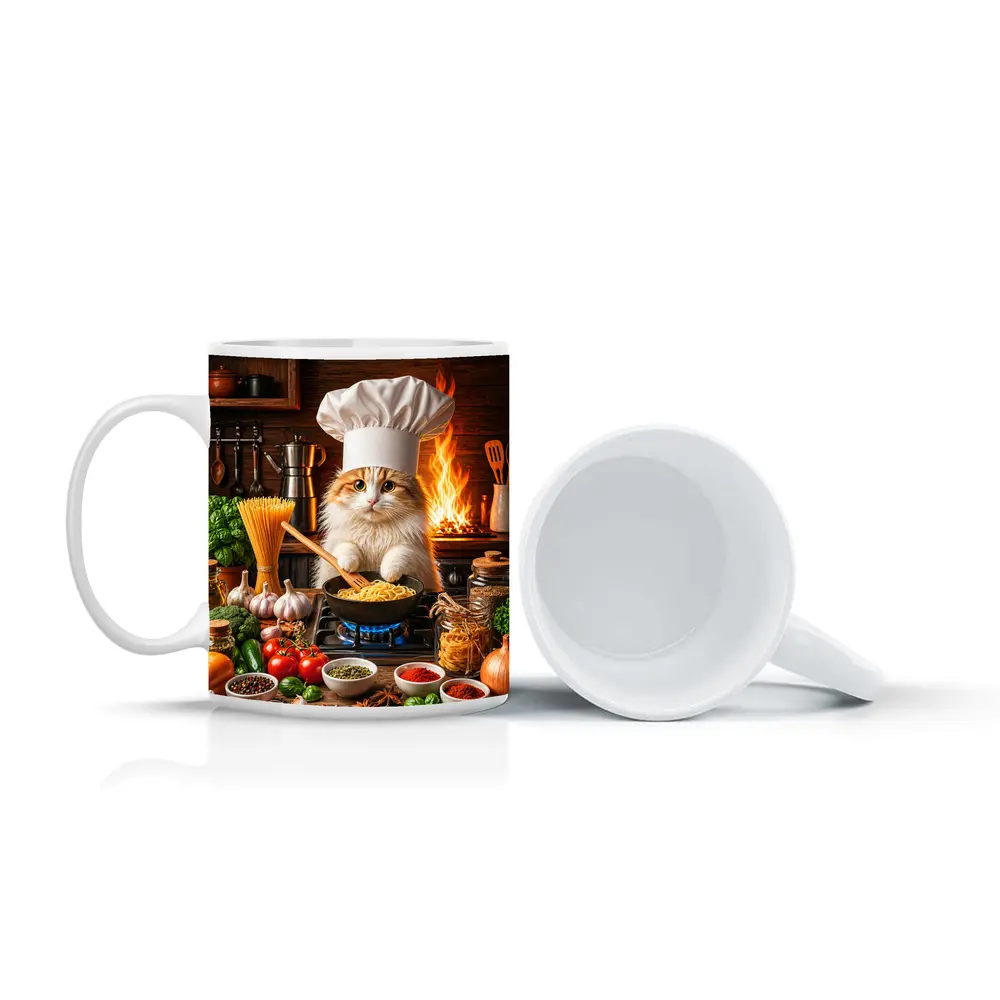 Chef Cat Cooking Pasta in Rustic Kitchen – Mugs