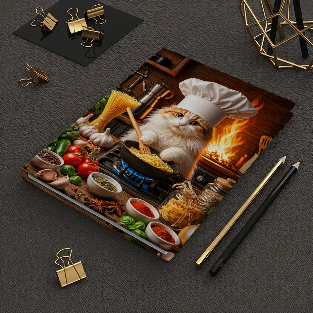 Chef Cat Cooking Pasta in Rustic Kitchen – Notebooks