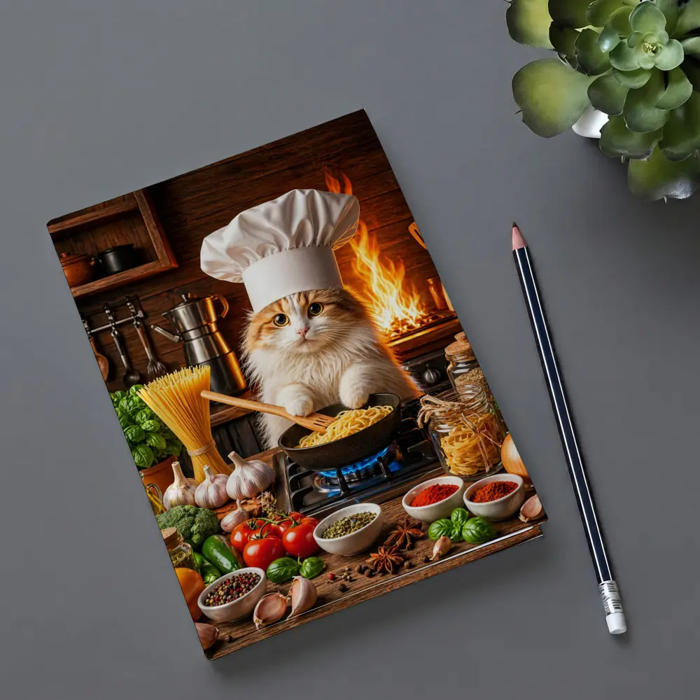 Chef Cat Cooking Pasta in Rustic Kitchen – Notebooks
