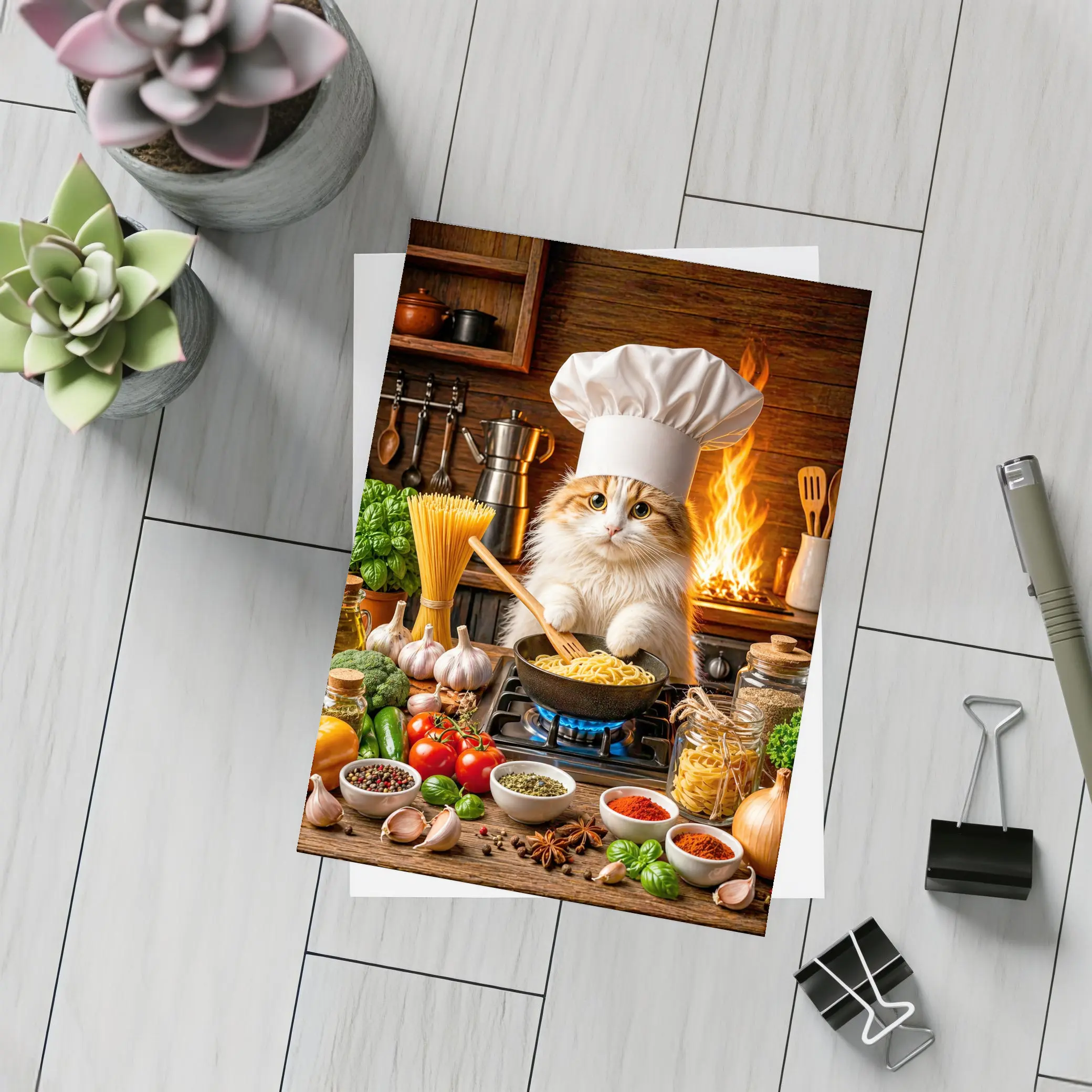 Chef Cat Cooking Pasta in Rustic Kitchen – Postcards