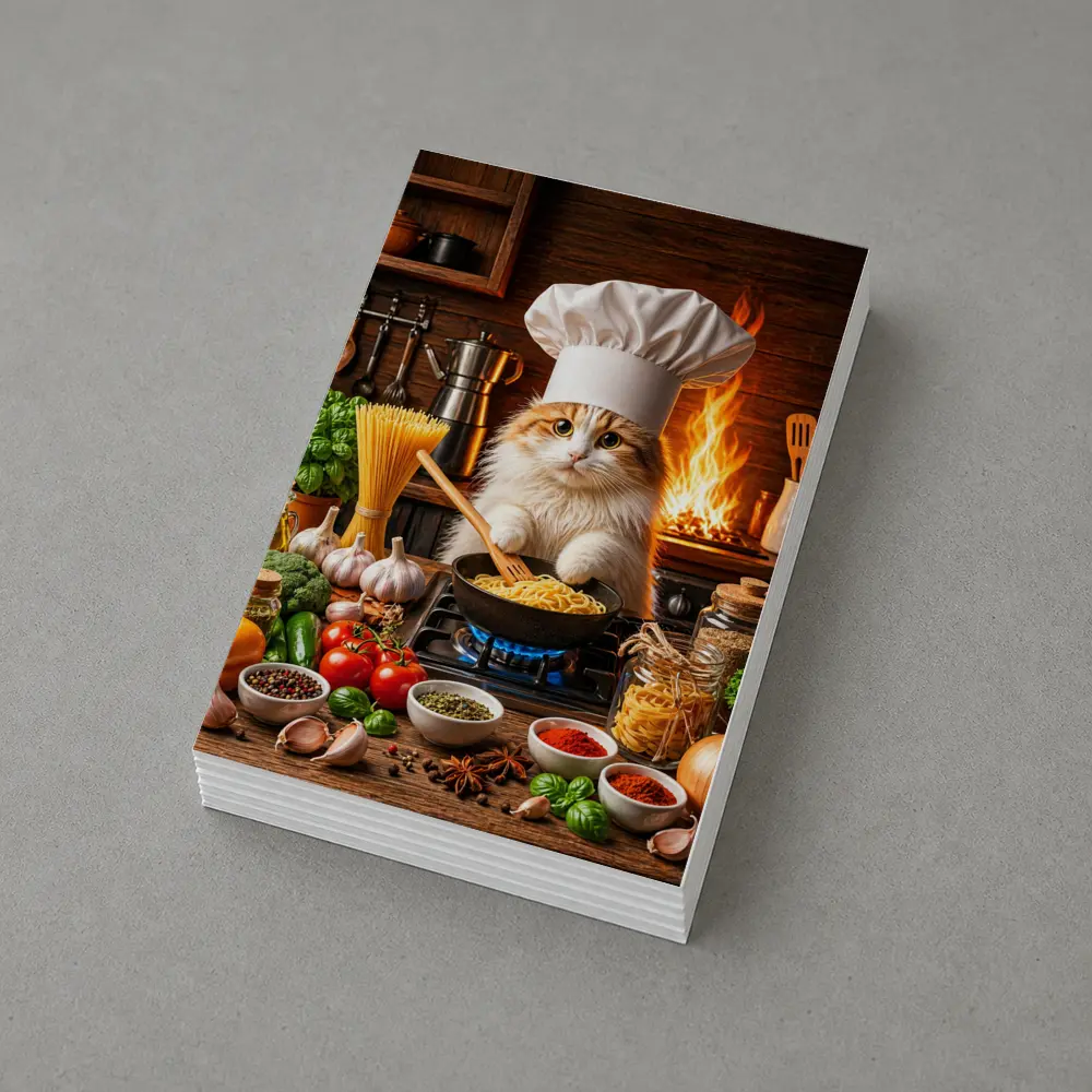 Chef Cat Cooking Pasta in Rustic Kitchen – Postcards