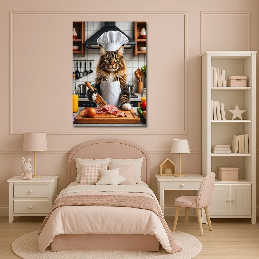 Maine Coon Chef Cat Kitchen Cooking Scene – Wall Art