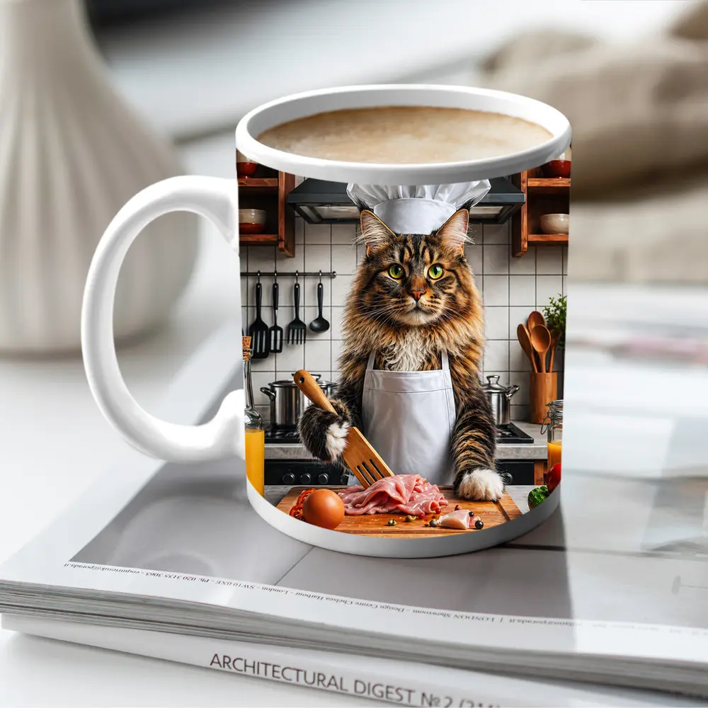 Maine Coon Chef Cat Kitchen Cooking Scene – Mugs