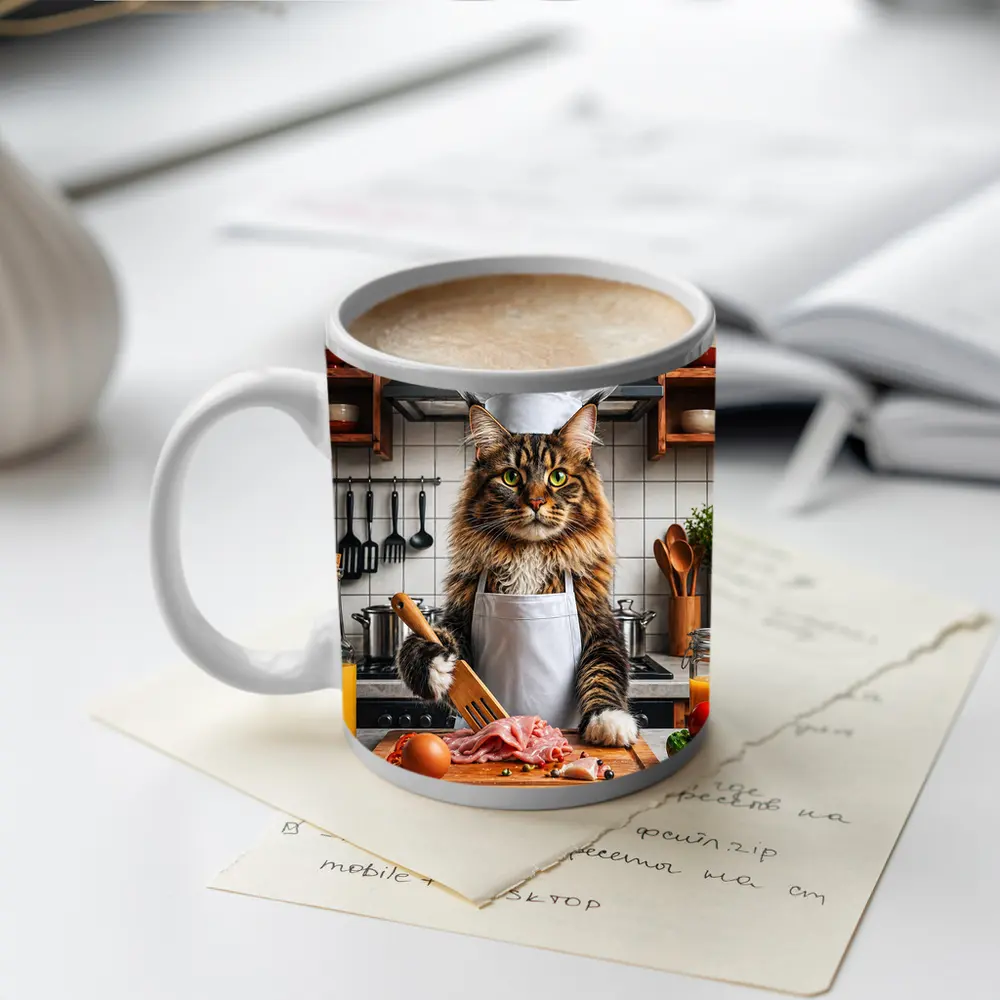 Maine Coon Chef Cat Kitchen Cooking Scene – Mugs