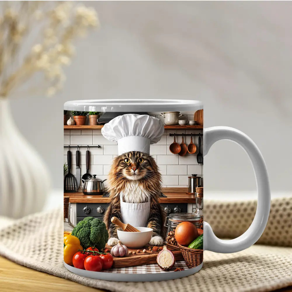 Maine Coon Cat Chef in Kitchen – Mugs