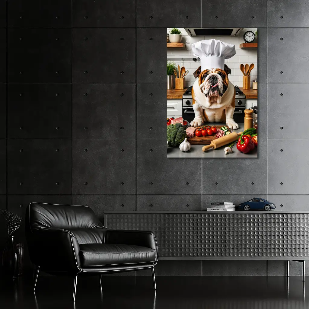 English Bulldog Chef Hat Kitchen Cooking Scene – Wall Art