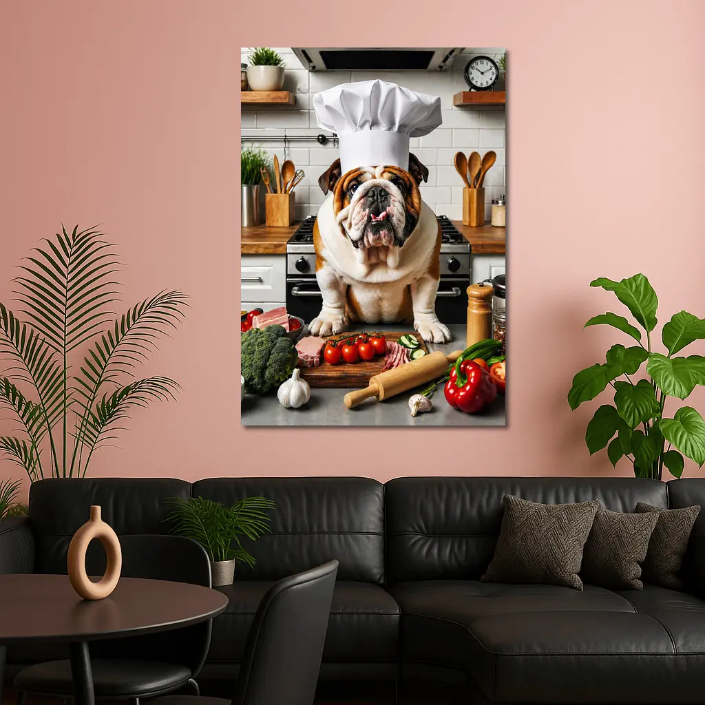 English Bulldog Chef Hat Kitchen Cooking Scene – Wall Art