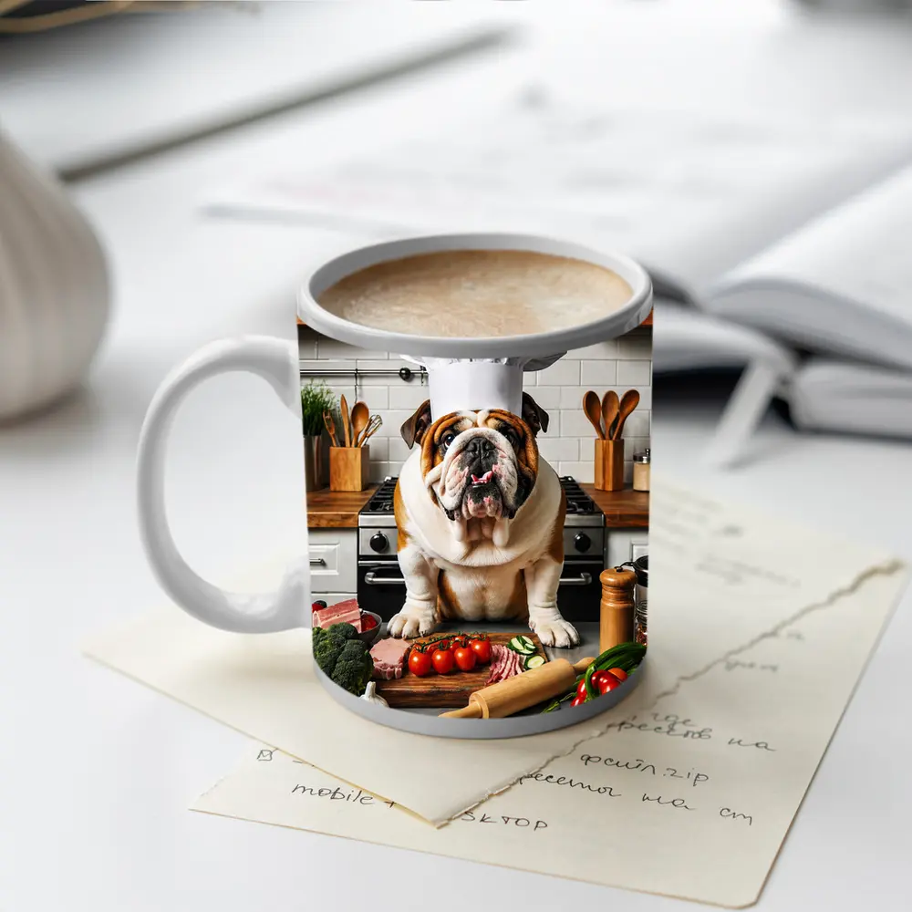 English Bulldog Chef Hat Kitchen Cooking Scene – Mugs