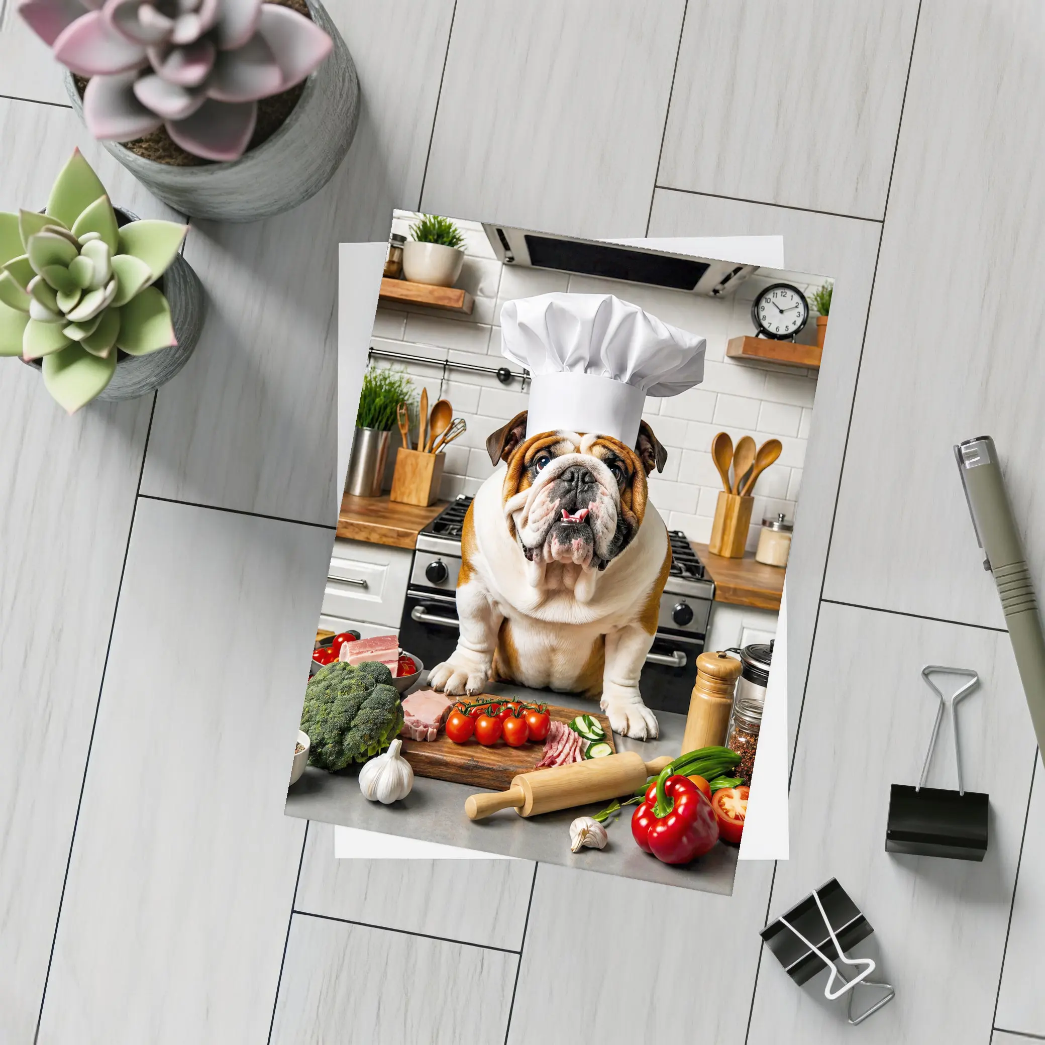 English Bulldog Chef Hat Kitchen Cooking Scene – Postcards