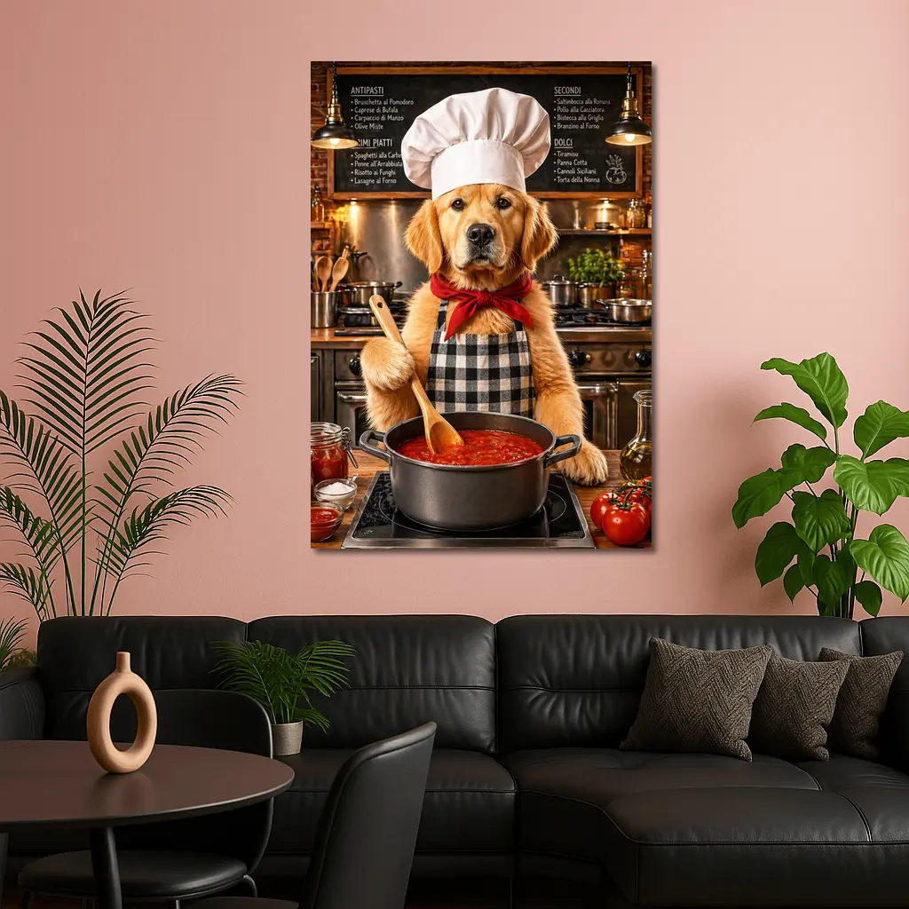 Golden Retriever Chef Cooking Italian Kitchen – Wall Art