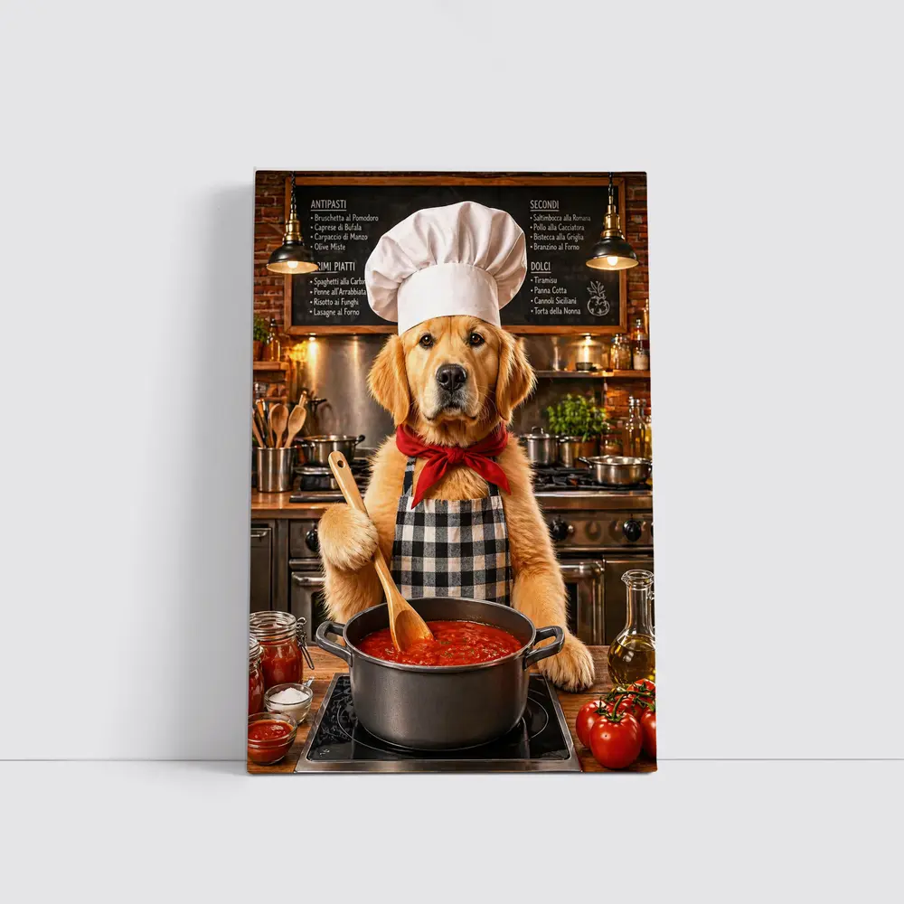 Golden Retriever Chef Cooking Italian Kitchen – Wall Art