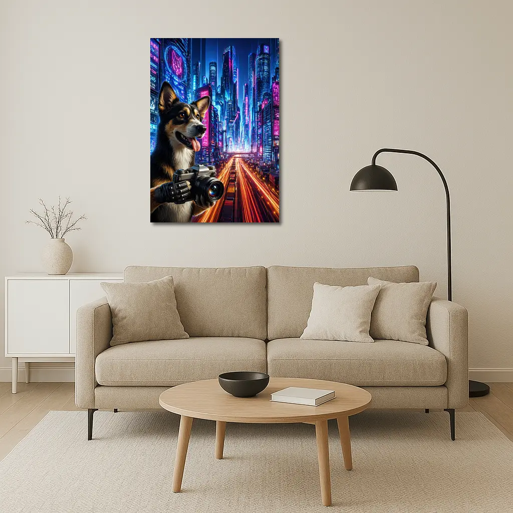 Corgi Photographer Neon Cyberpunk City Night – Wall Art