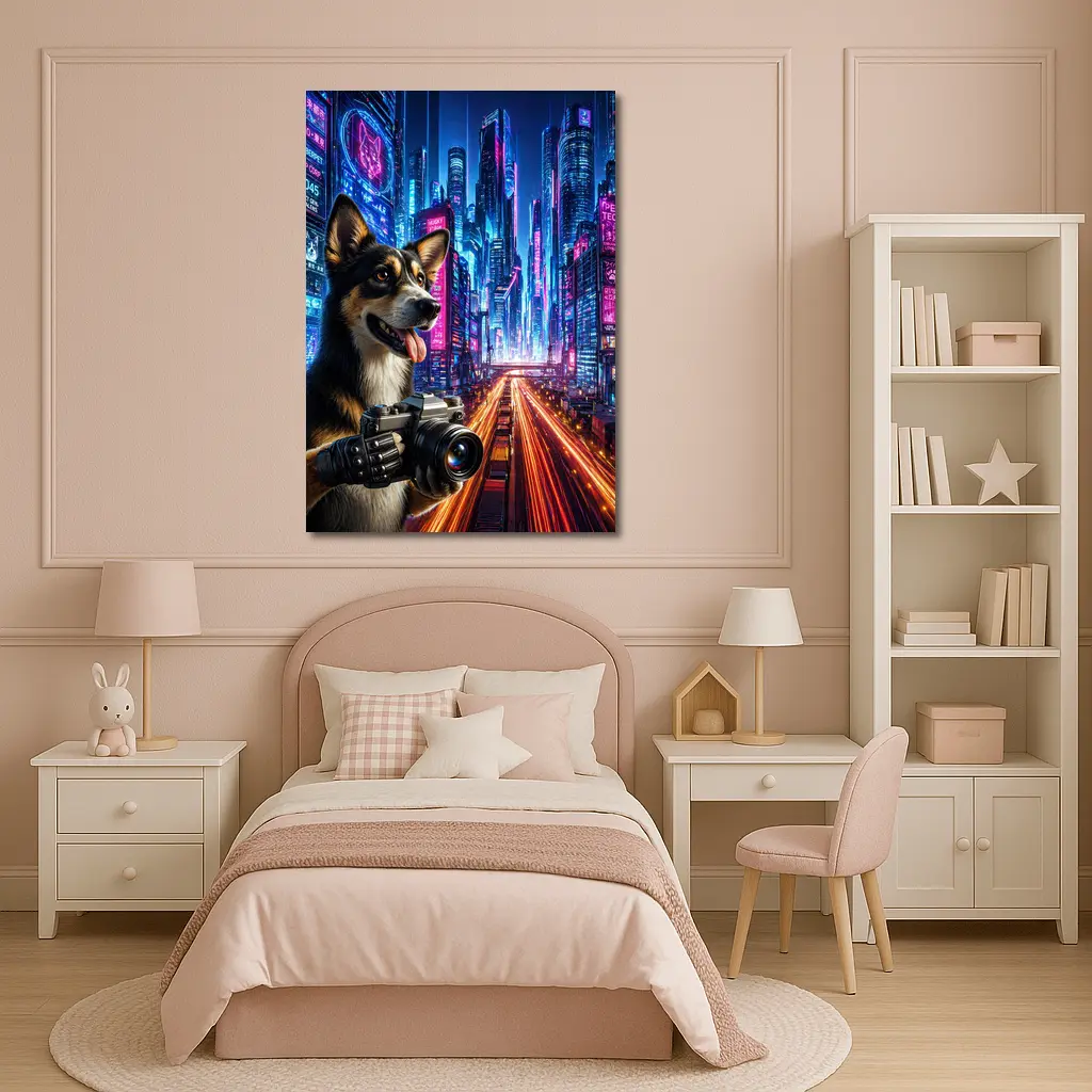 Corgi Photographer Neon Cyberpunk City Night – Wall Art