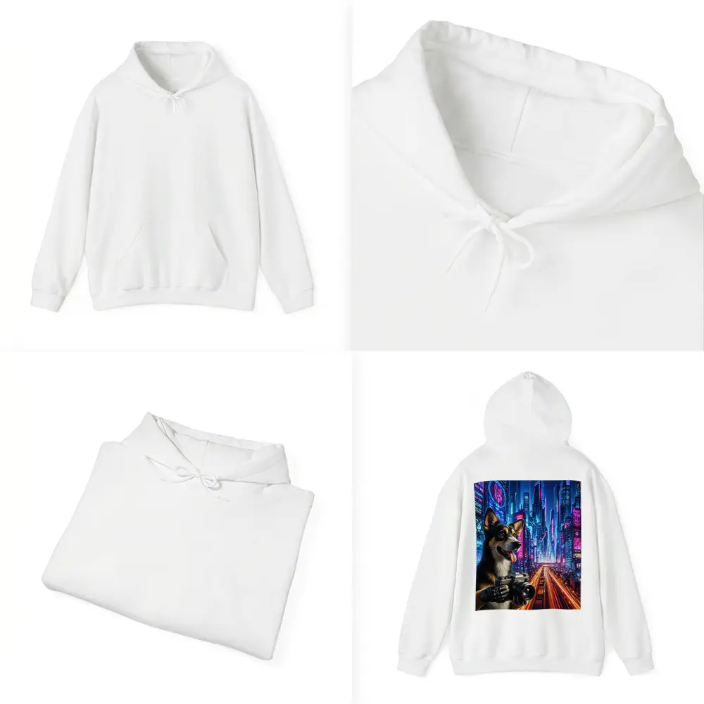 Corgi Photographer Neon Cyberpunk City Night – Hoodies