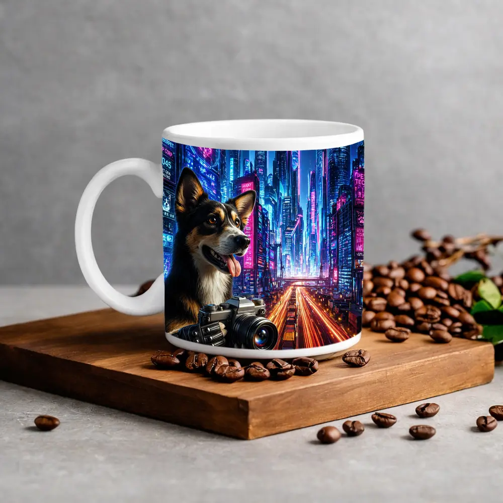 Corgi Photographer Neon Cyberpunk City Night – Mugs