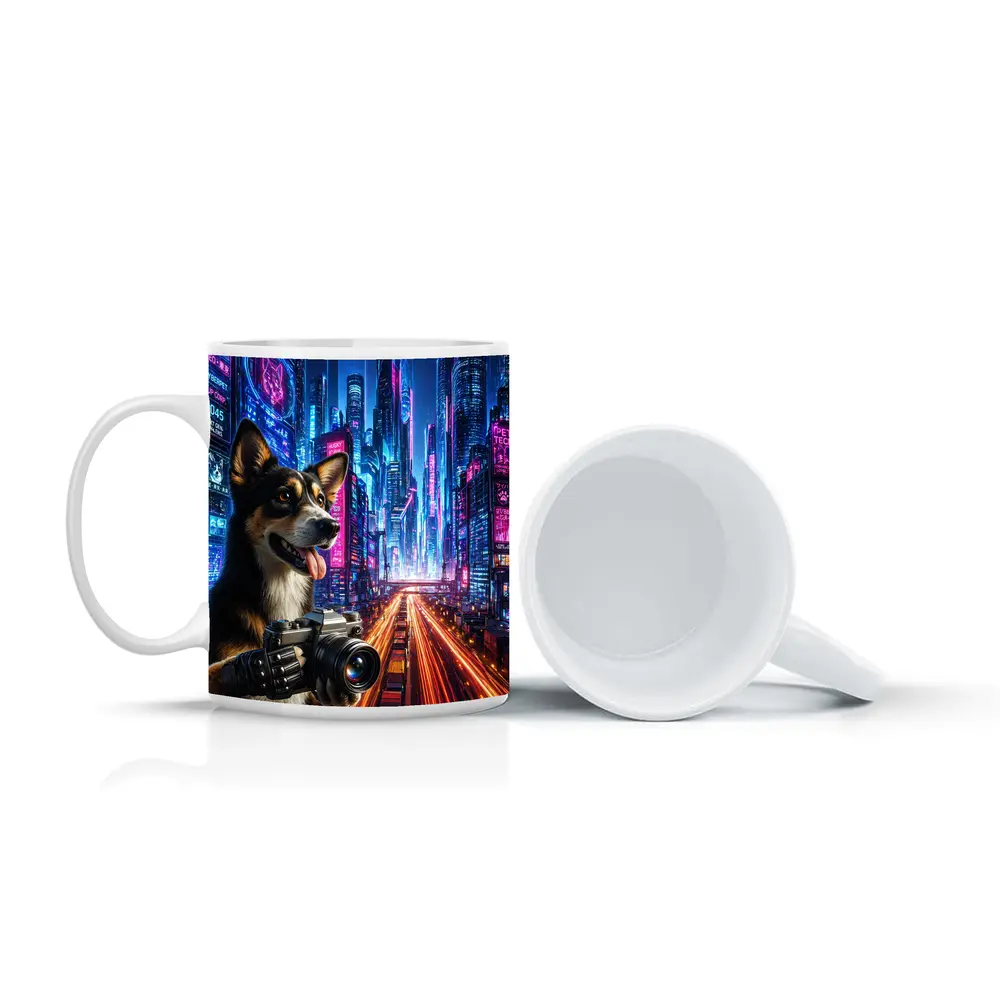 Corgi Photographer Neon Cyberpunk City Night – Mugs