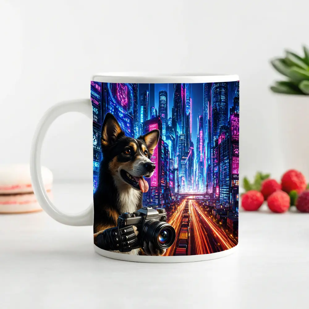 Corgi Photographer Neon Cyberpunk City Night – Mugs