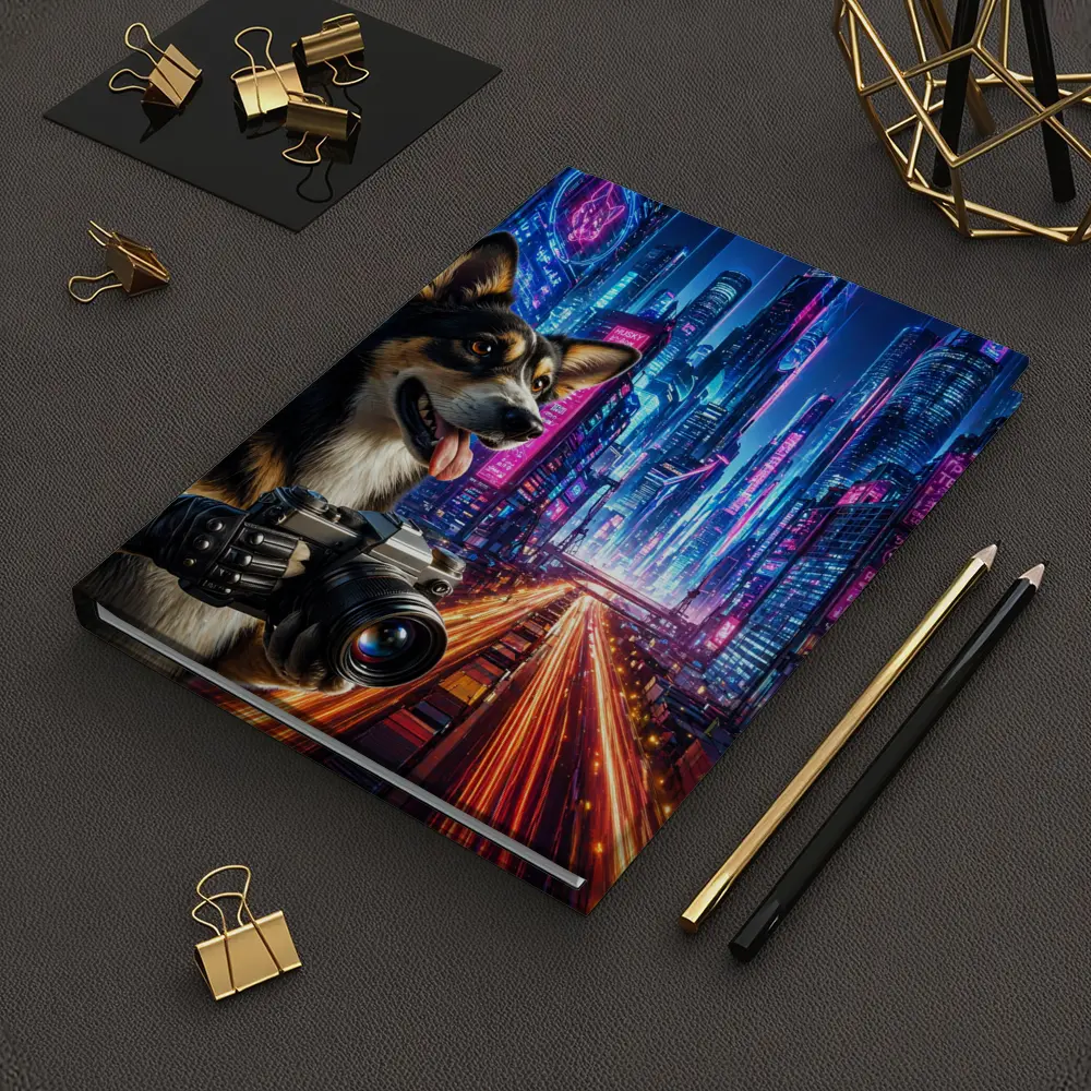 Corgi Photographer Neon Cyberpunk City Night – Notebooks