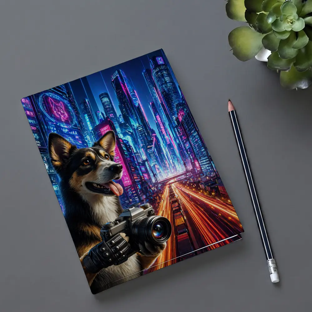 Corgi Photographer Neon Cyberpunk City Night – Notebooks