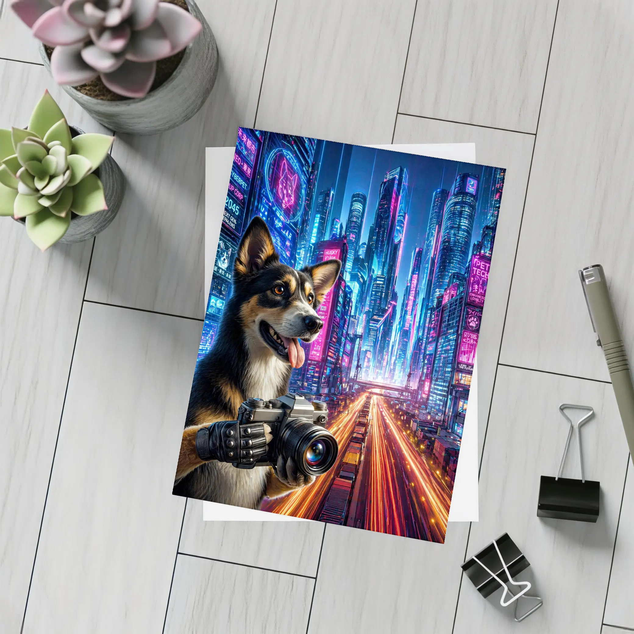 Corgi Photographer Neon Cyberpunk City Night – Postcards