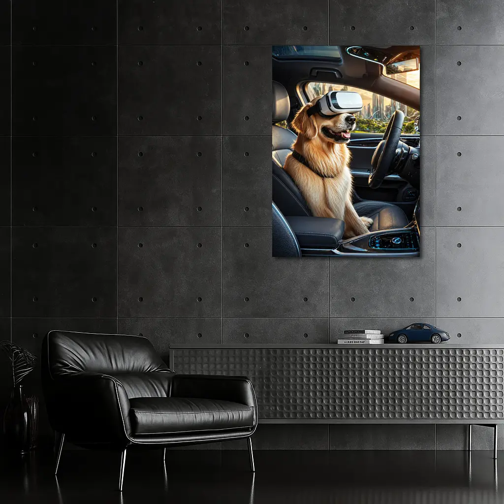 Golden Retriever Wearing VR Headset In Car – Wall Art