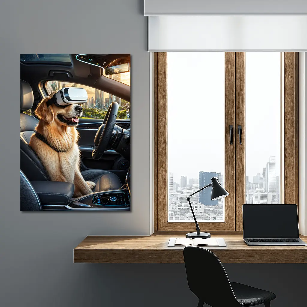 Golden Retriever Wearing VR Headset In Car – Wall Art