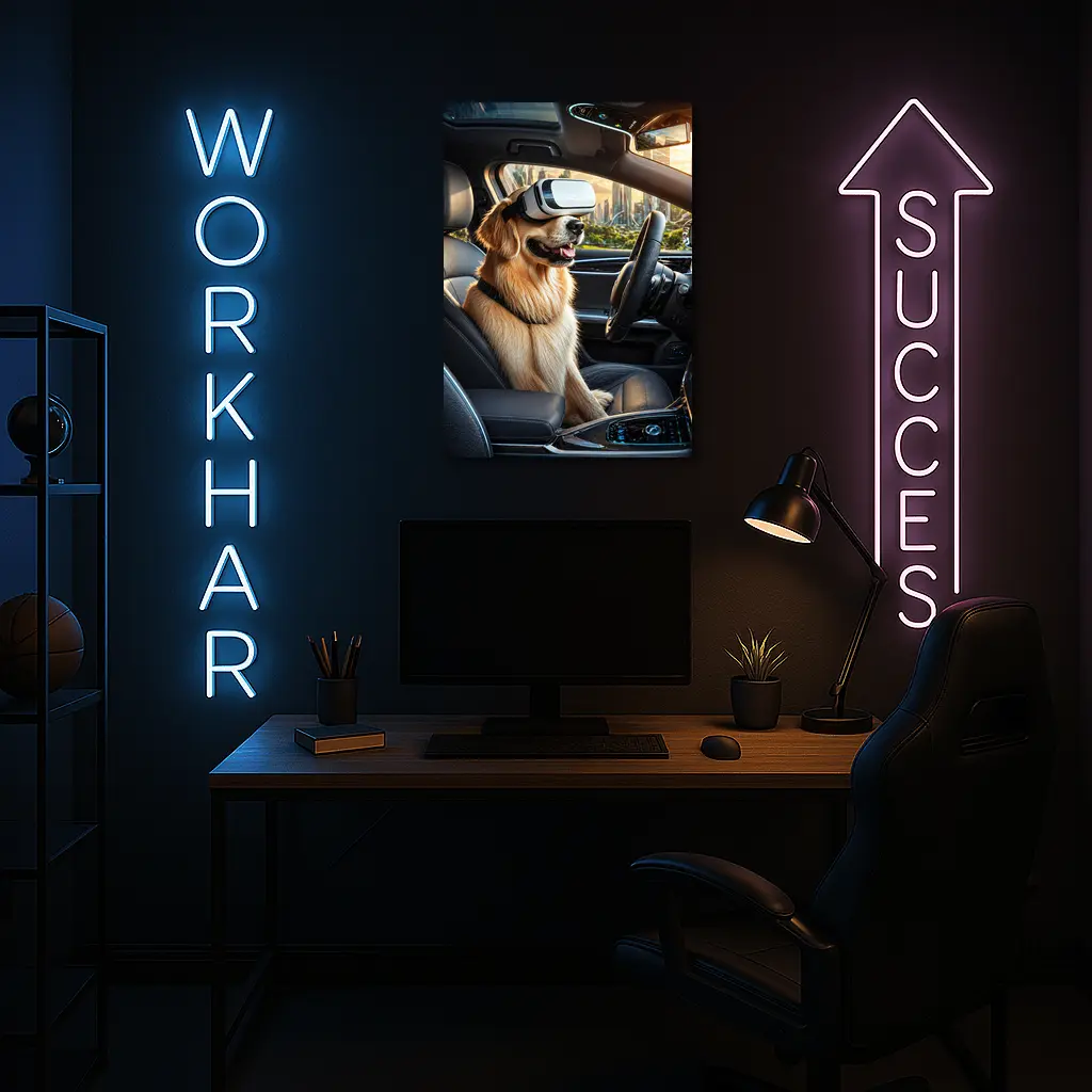 Golden Retriever Wearing VR Headset In Car – Wall Art
