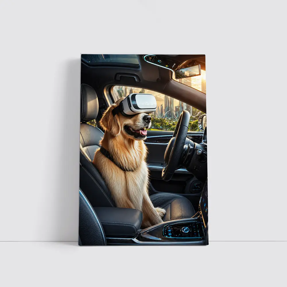 Golden Retriever Wearing VR Headset In Car – Wall Art