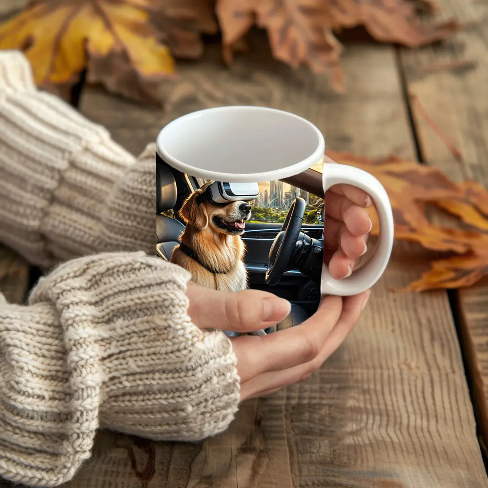 Golden Retriever Wearing VR Headset In Car – Mugs