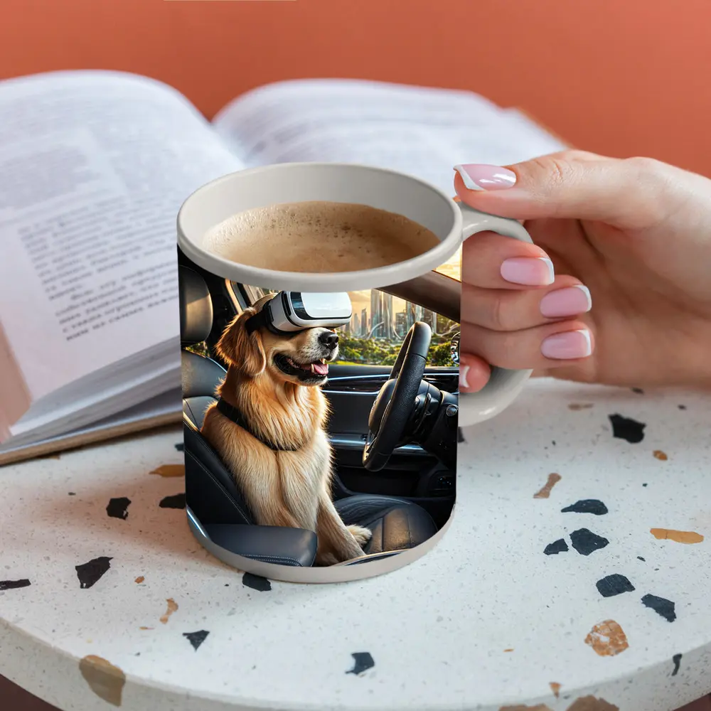 Golden Retriever Wearing VR Headset In Car – Mugs