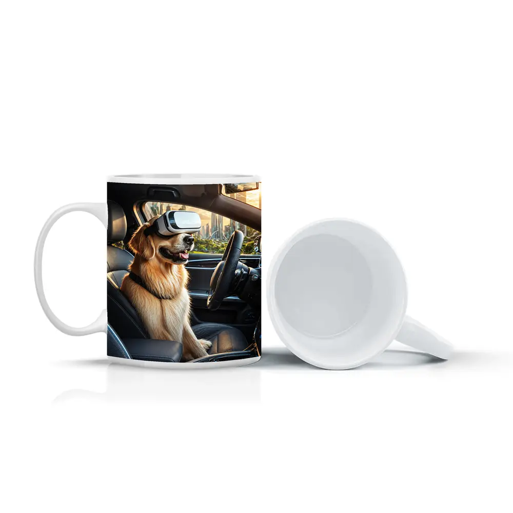 Golden Retriever Wearing VR Headset In Car – Mugs