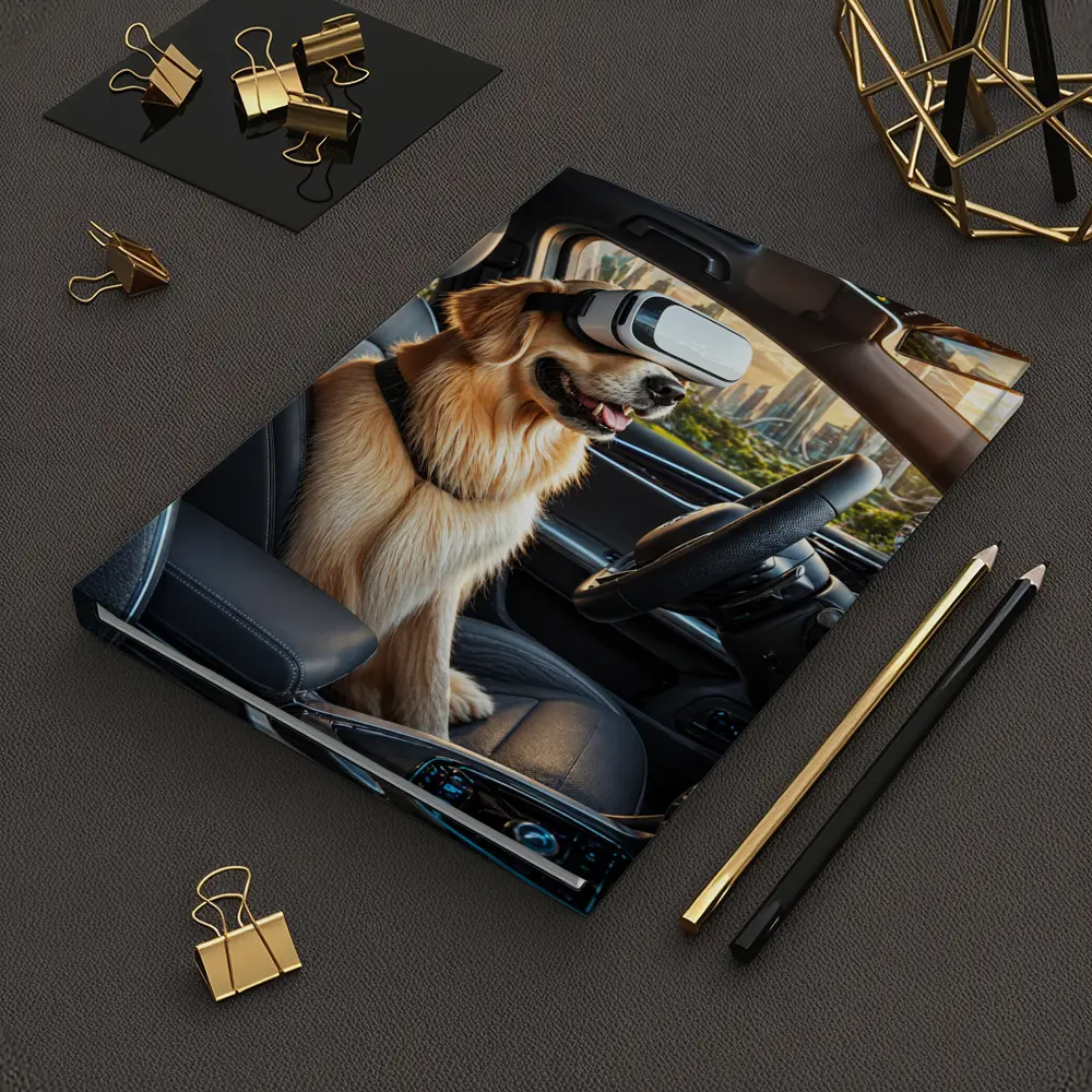Golden Retriever Wearing VR Headset In Car – Notebooks