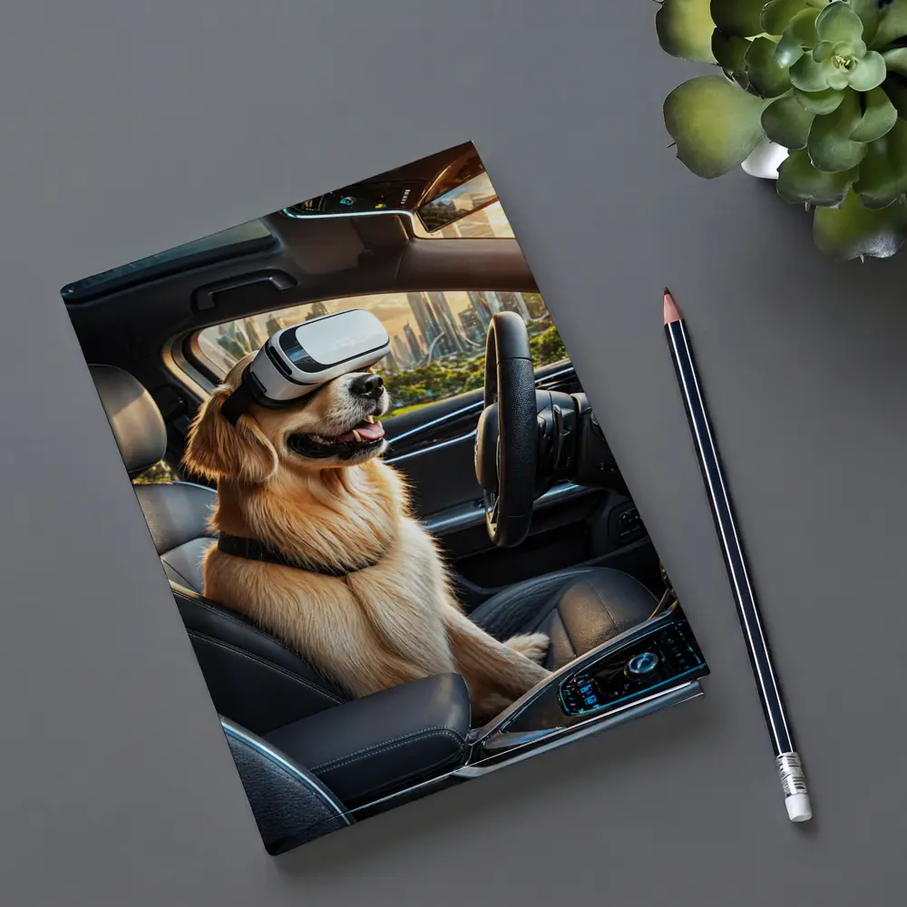 Golden Retriever Wearing VR Headset In Car – Notebooks