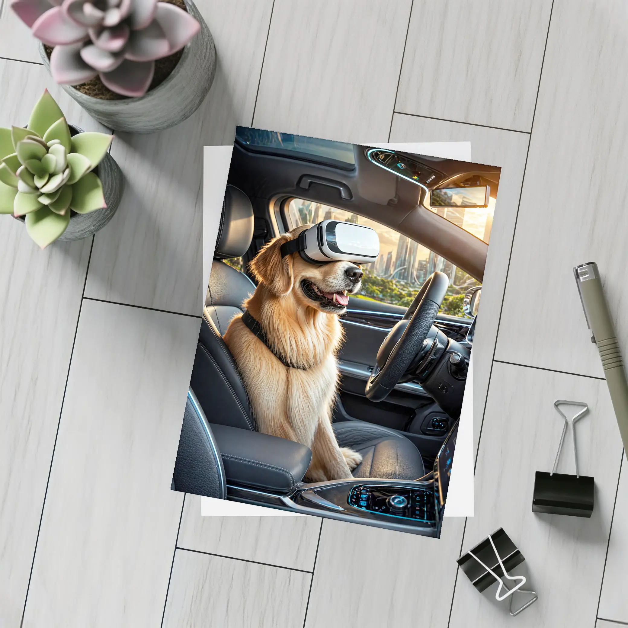 Golden Retriever Wearing VR Headset In Car – Postcards