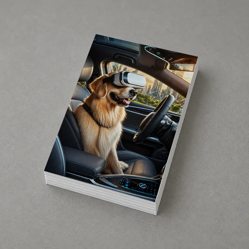 Golden Retriever Wearing VR Headset In Car – Postcards