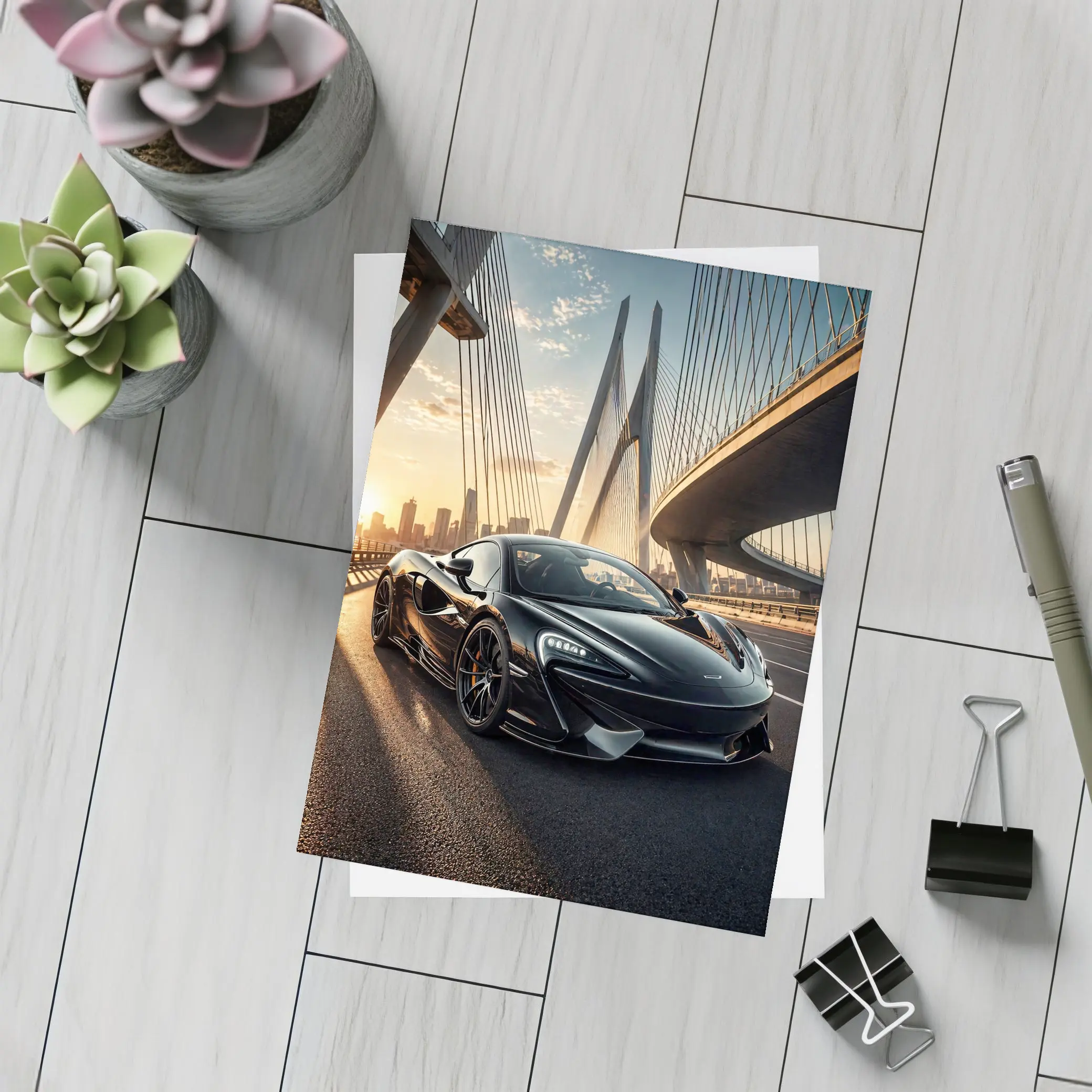 McLaren 570S Black On Sunset Bridge – Postcards