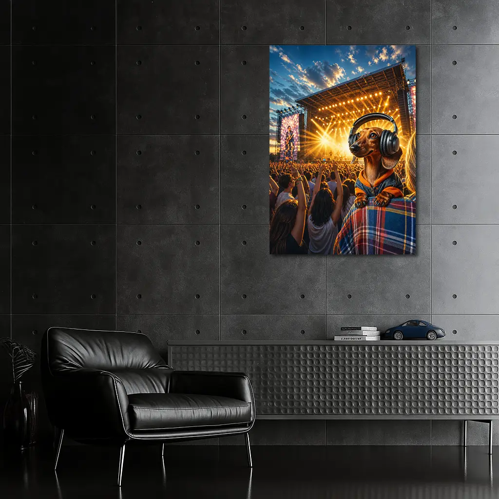 Dachshund Wearing Headphones At Music Festival – Wall Art