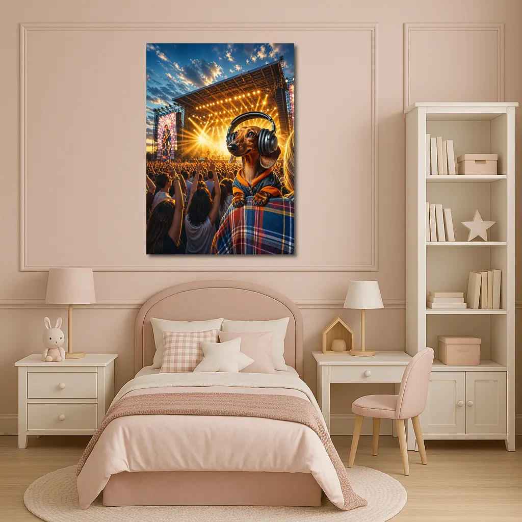 Dachshund Wearing Headphones At Music Festival – Wall Art