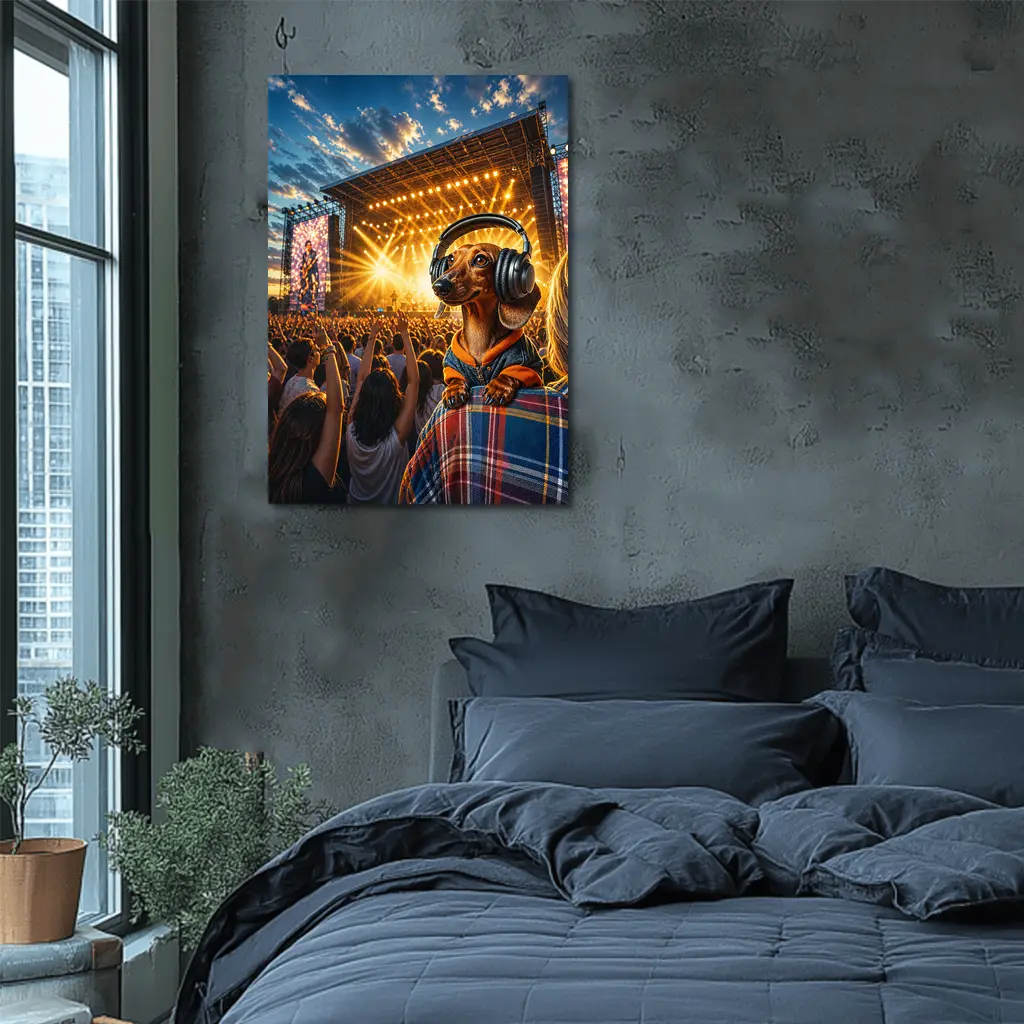 Dachshund Wearing Headphones At Music Festival – Wall Art